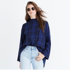 Madewell Cross Back Mock Neck Black and Blue Plaid Top